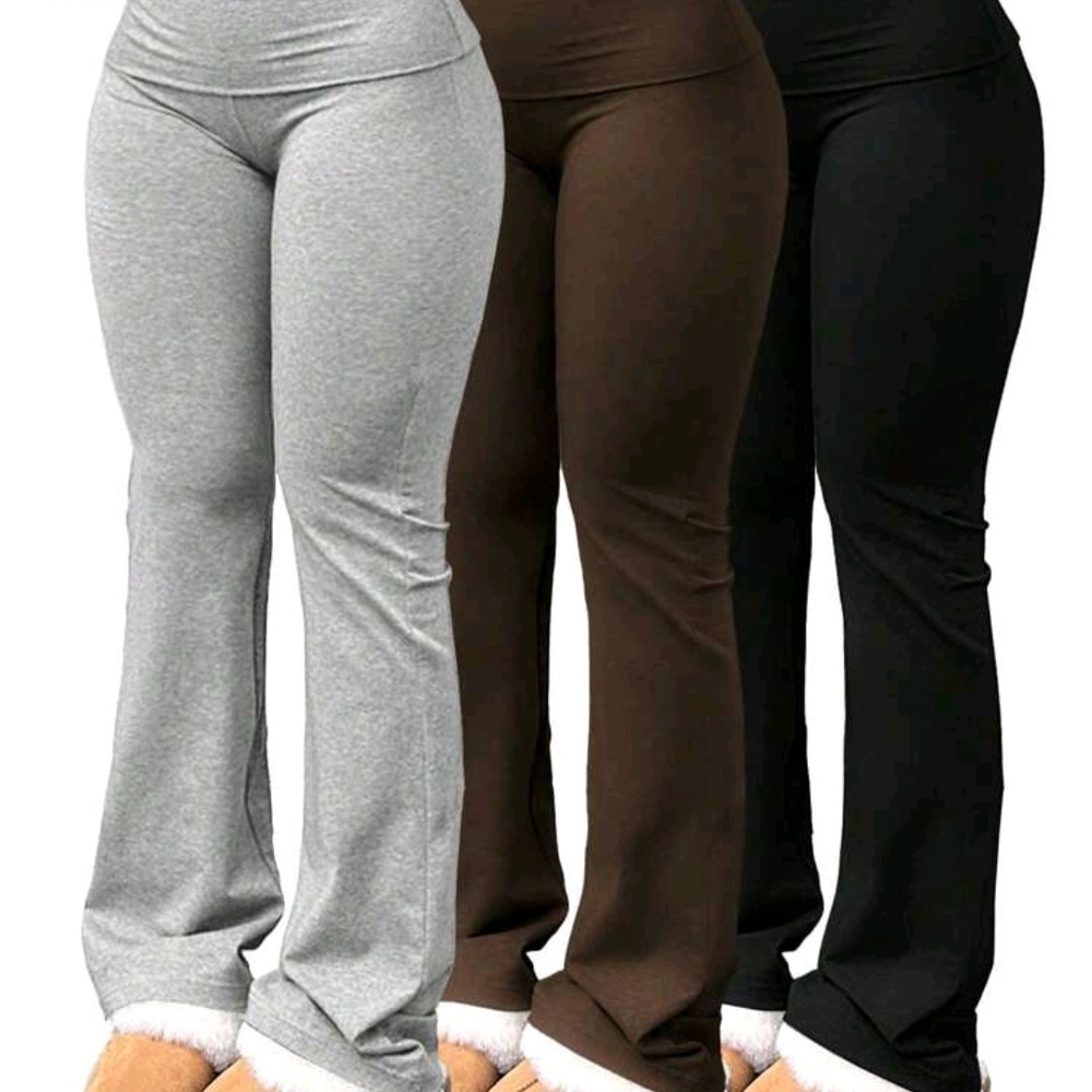 3 PAIRS CONTROL TOP, HIGH FOLD DOWN WAIST YOGA PANTS W/FLARE LEG SZ. 2XL